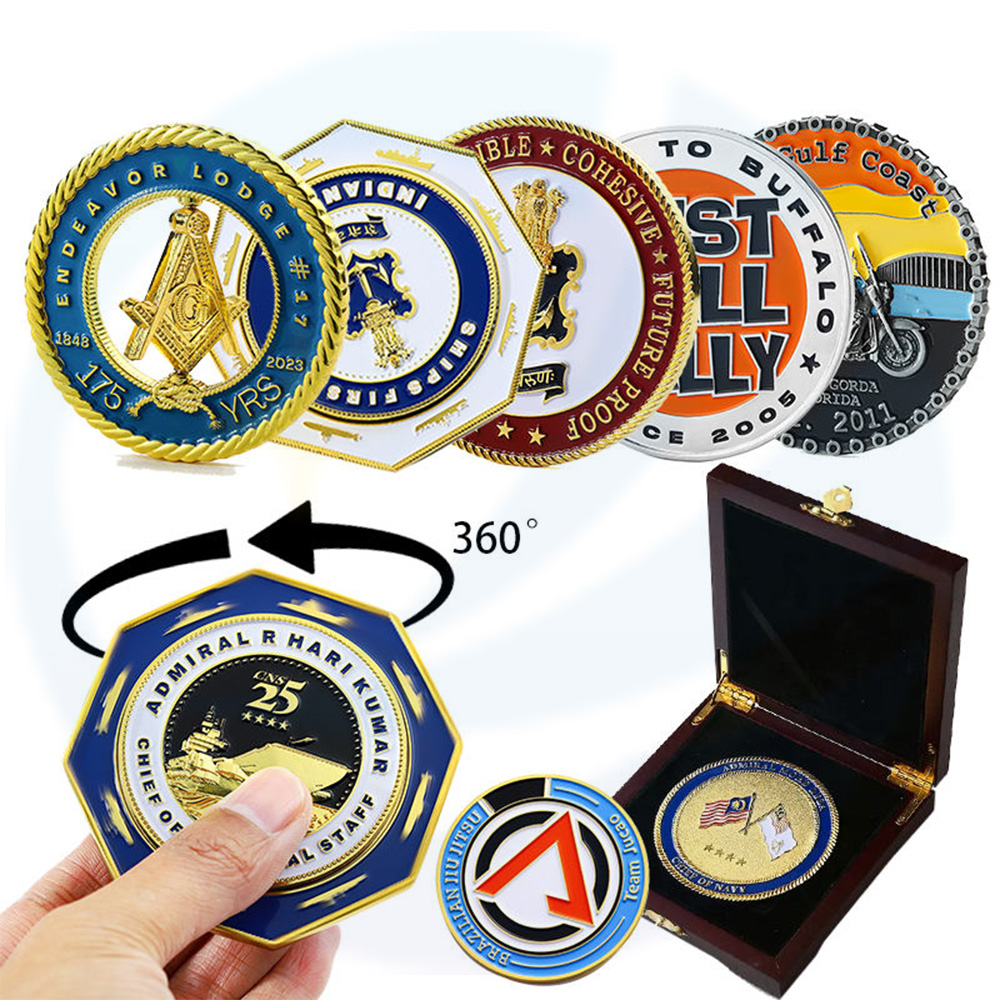 Kilang dibuat menyesuaikan 360 darjah berputar duit syiling emas bersalut logam medallion enamel malaysia logo souvenir duit syiling dengan kotak kayu