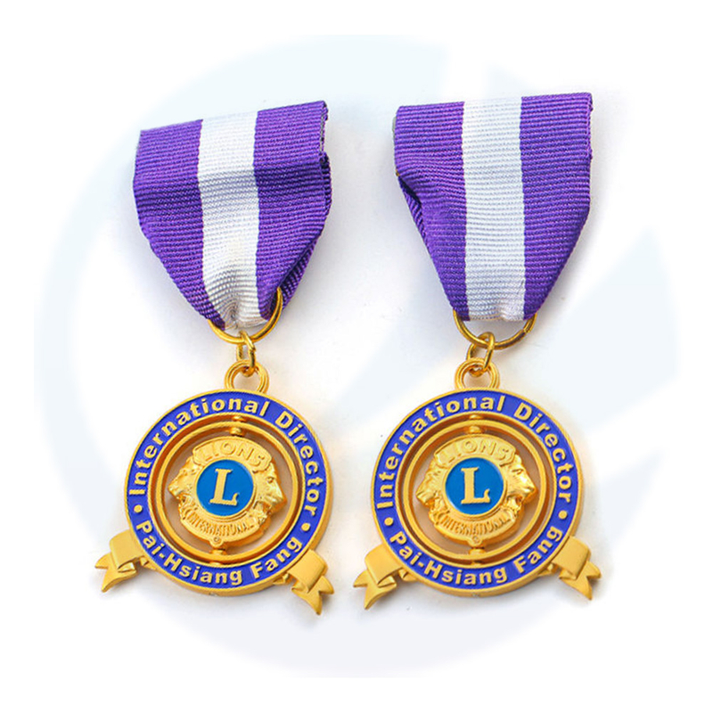 Metal Custom 3D Lions Club Lapel Pin Medallas de Metal Metal Medal Medal Cempen Acara Berputar Pingat dengan Reben Pendek