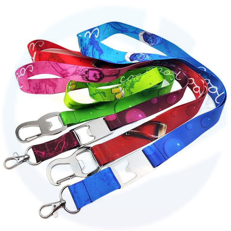 Peribadi Sublimasi Lain Bercetak Fabrik Kain Promosi Untuk Lencana ID Dengan Botol Logo Pembuka Polyester Lanyard