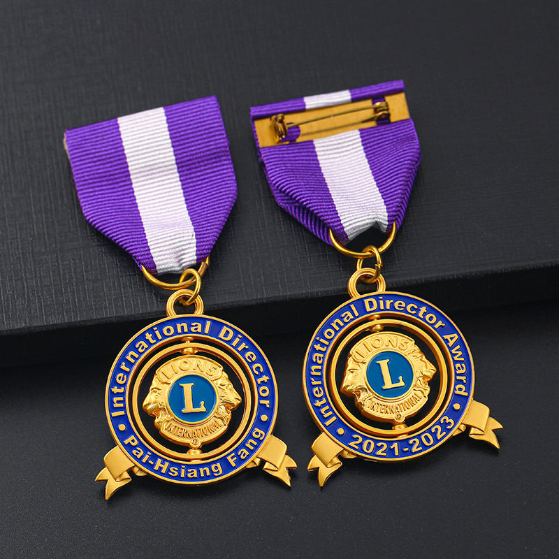 Metal Custom 3D Lions Club Lapel Pin Medallas de Metal Metal Medal Medal Cempen Acara Berputar Pingat dengan Reben Pendek