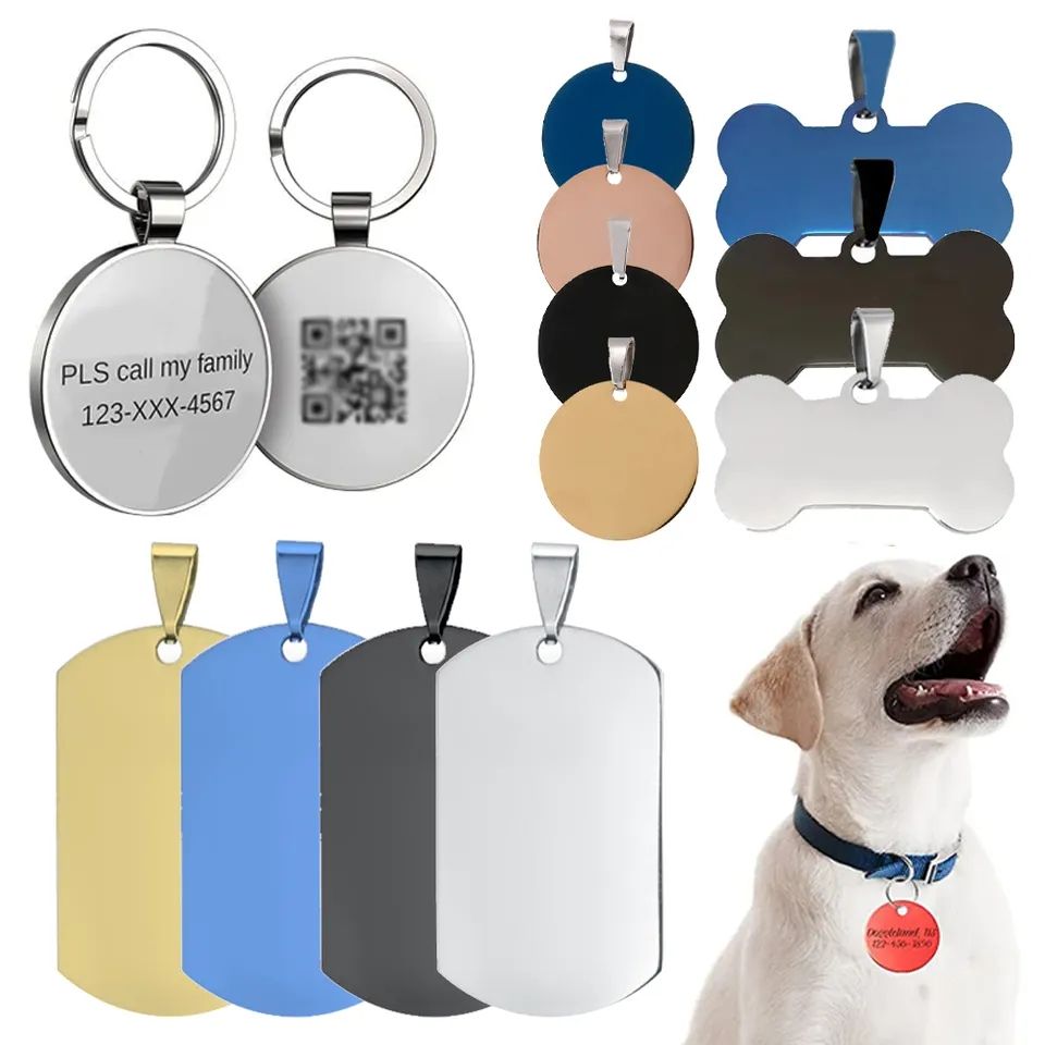 Laser Custom Engraving Logo Pet Tag Metal Blank Sublimation Dog Id Tags Steelless Steel Silver Key Tag dengan keychain