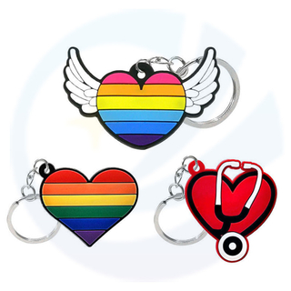 Custom Heart Shape Rubber Medical Keyring Key Chain 2d Gay Pride LGBT Rainbow PVC Silicone Keychain dengan Ring