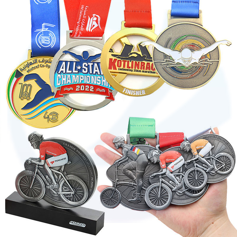 Pingat Sukan Kustom Pembuatan 3D Finisher Road Mountain Mountain Medal Medal Brass Gold Silver Swimming Medal dengan reben